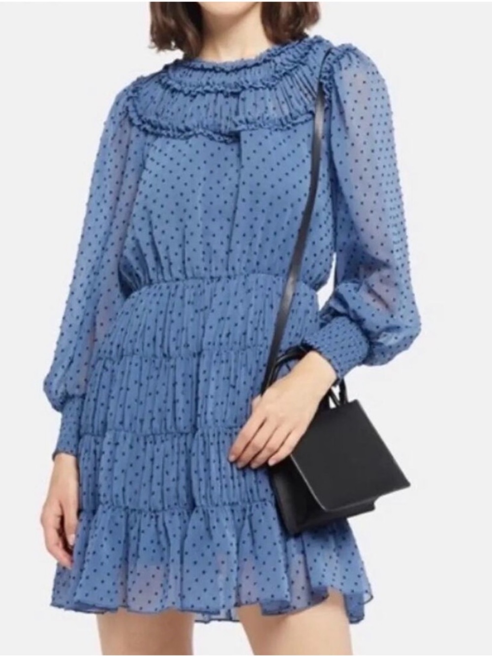 Sandro Blue Polka Dot Long Sleeve Tiered Mini Dress